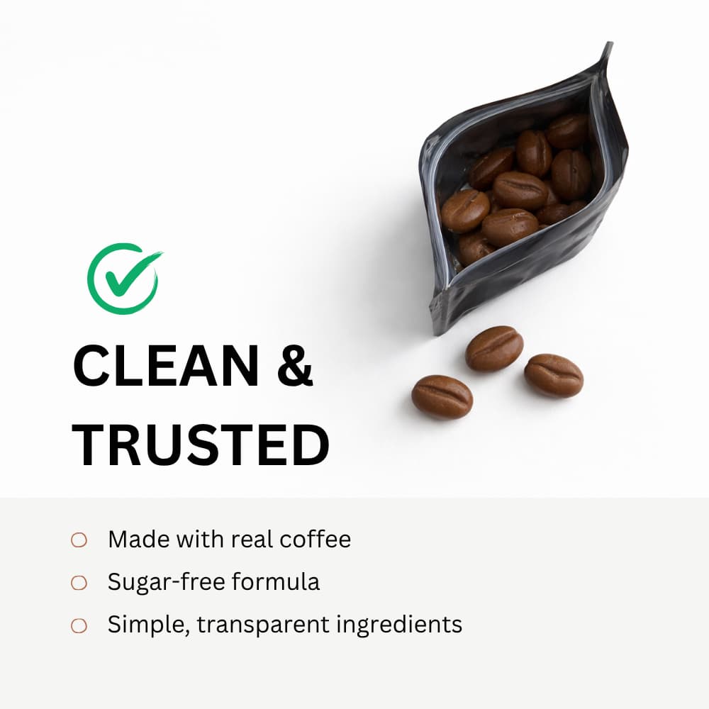 Packaging of coffee beans with a 'Clean & Trusted' label on a white background
