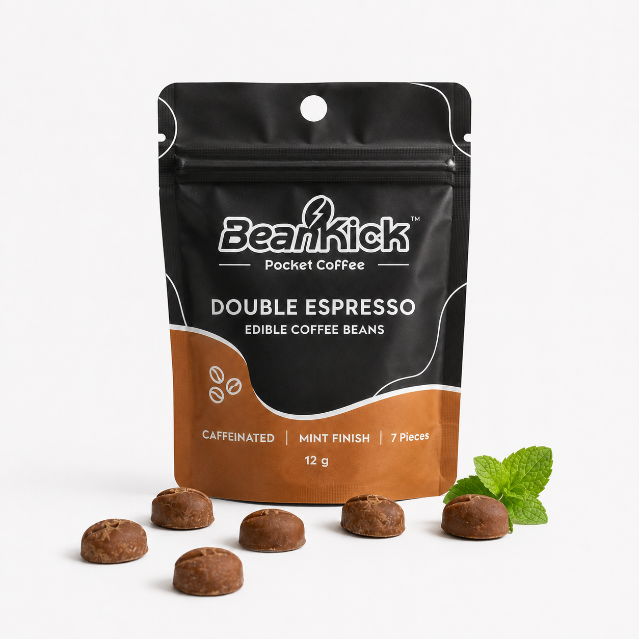 BeanKick Double Espresso pocket coffee beans packaging with coffee beans and mint leaves on a white background