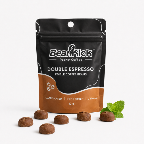 BeanKick Double Espresso pocket coffee beans packaging with coffee beans and mint leaves on a white background