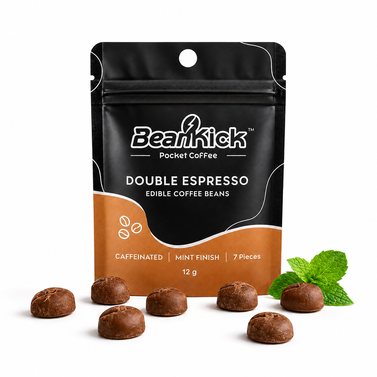 Packaging of BeanKick Double Espresso edible coffee beans with coffee beans and mint leaves on a white background