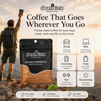 BeanKick pocket coffee package with a person holding a phone in a mountainous landscape.