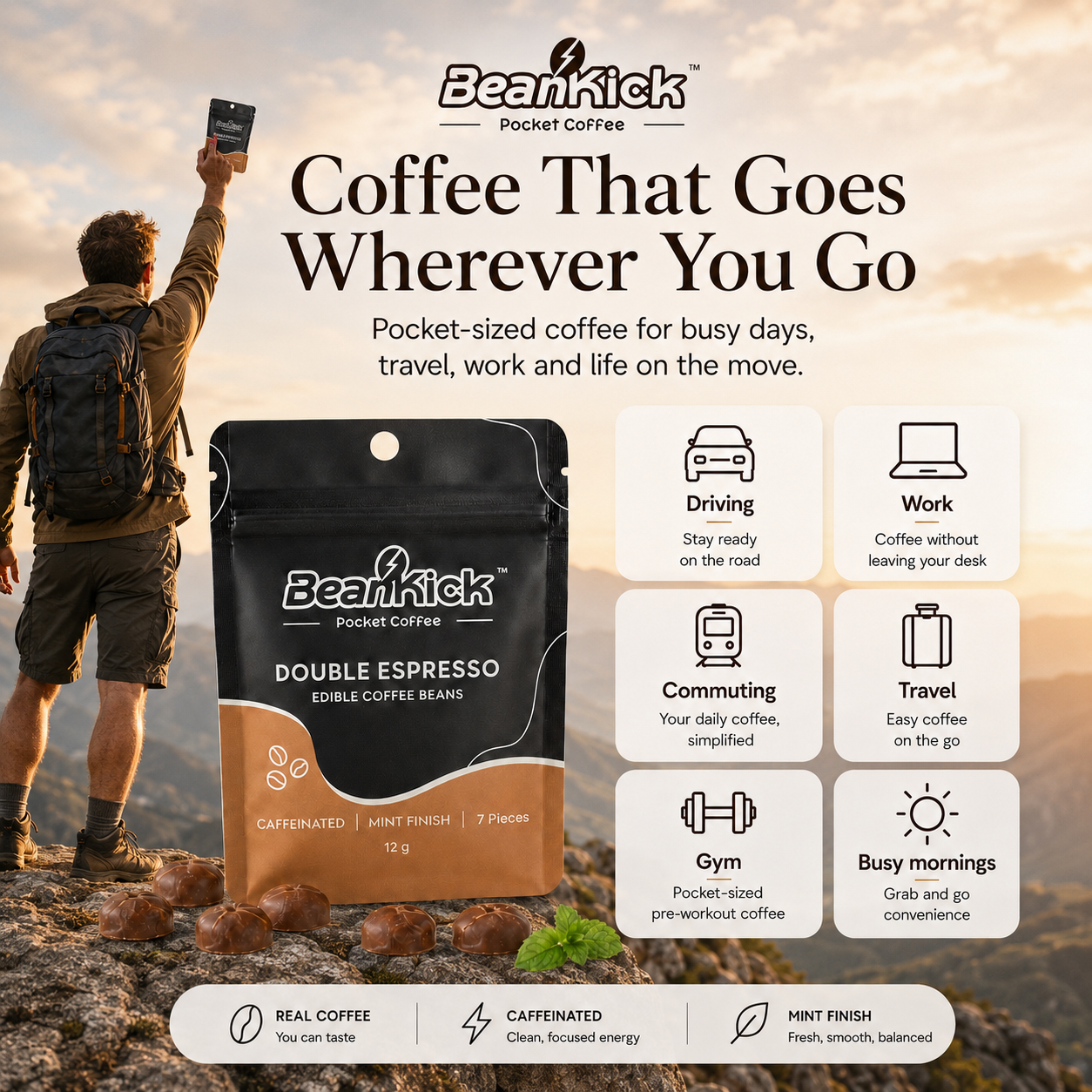 BeanKick pocket coffee package with a person holding a phone in a mountainous landscape.
