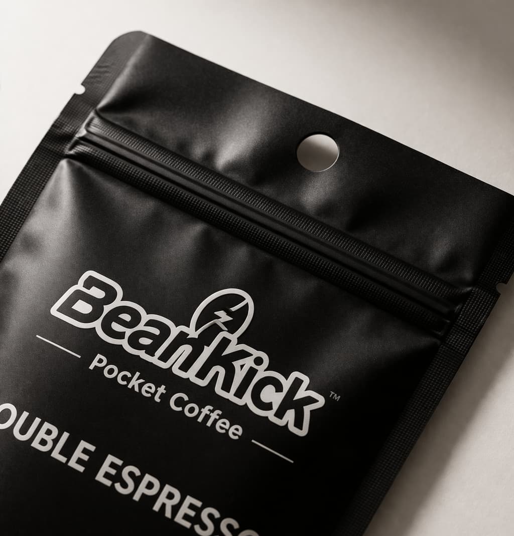 Black coffee pouch with 'Beankick' branding on a light background