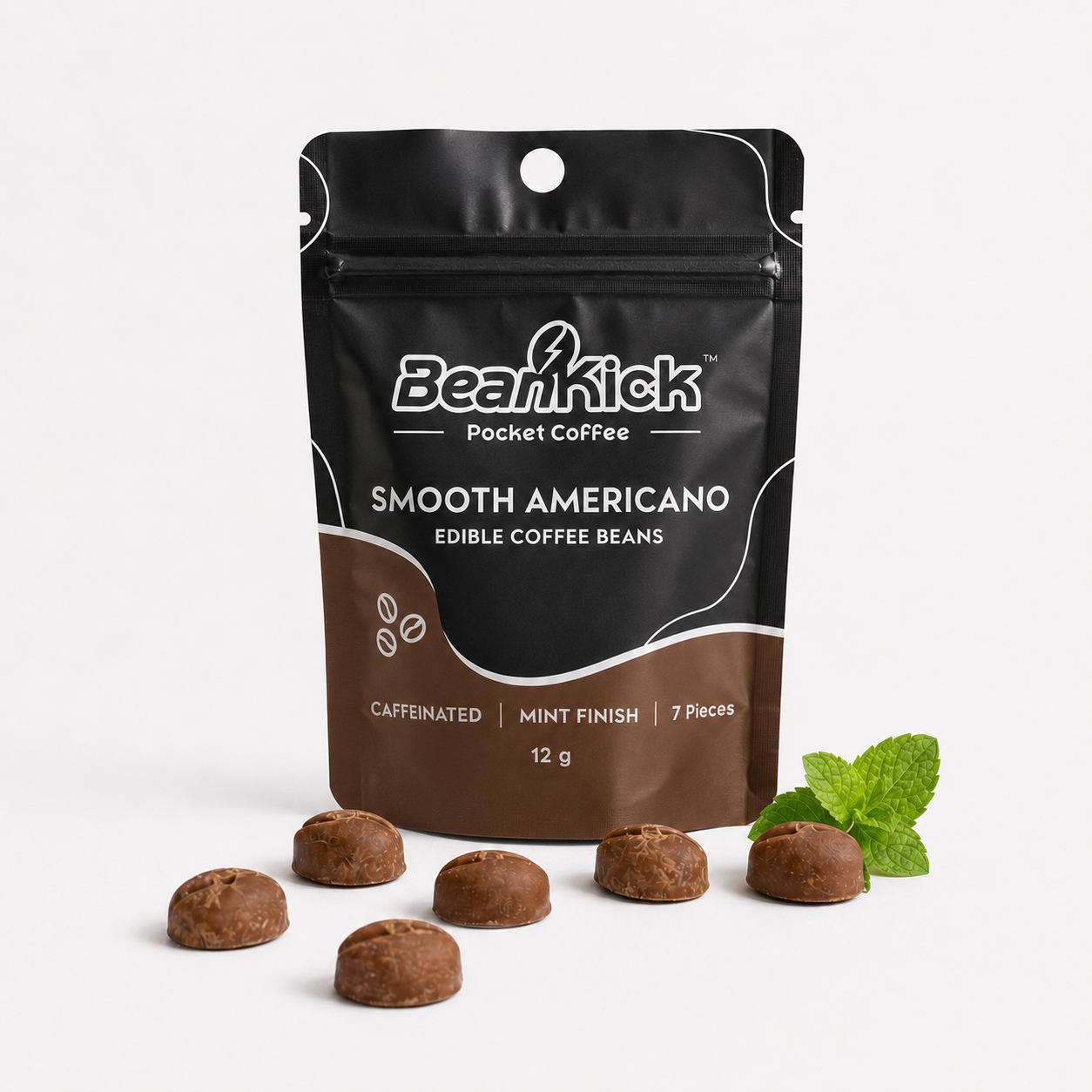 BeanKick Smooth Americano pocket coffee package with coffee beans on a white background