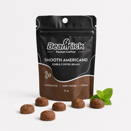 BeanKick Smooth Americano pocket coffee package with coffee beans on a white background