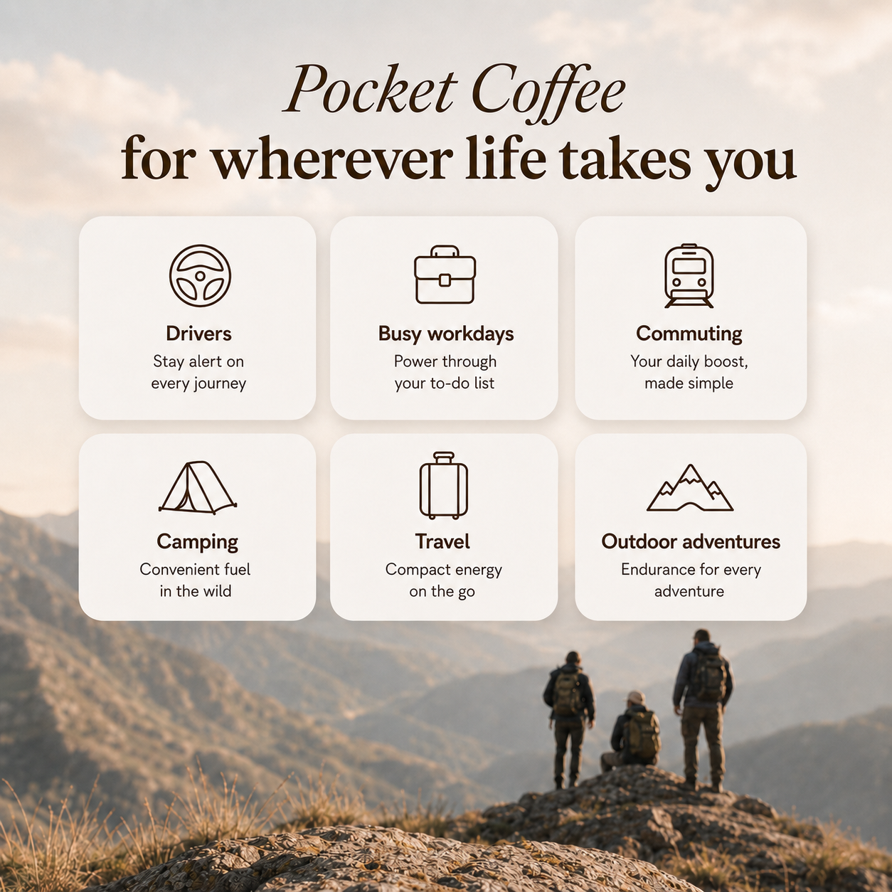 Promotional graphic for pocket coffee with lifestyle images and text overlay.