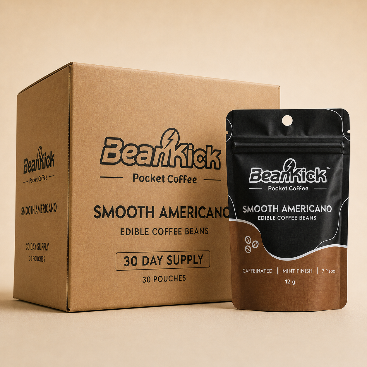 Beankick Pocket Coffee packaging including a cardboard box and a black coffee pouch on a beige background