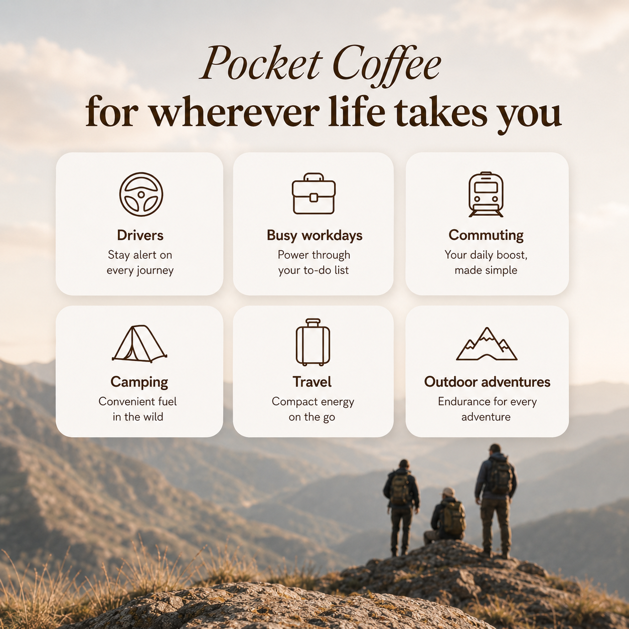 Promotional graphic for pocket coffee with lifestyle scenarios and mountain background