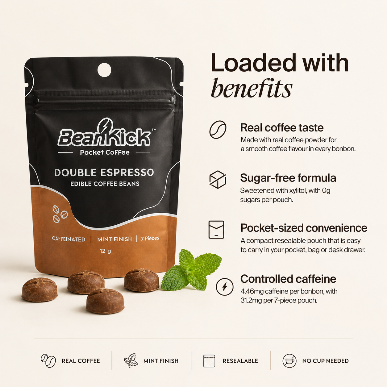 Beankick Double Espresso pocket coffee beans packaging with product details on a beige background