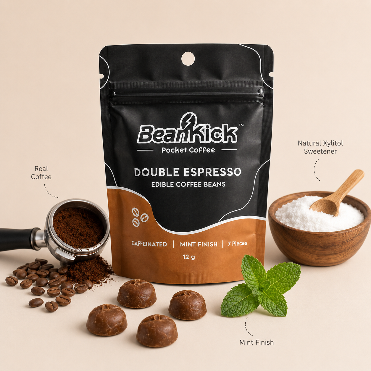 BeanKick Double Espresso pocket coffee package with coffee beans, mint leaves, and a bowl of sweetener on a beige background.