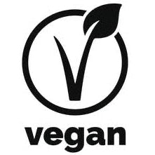 Black 'vegan' logo with a leaf on a white background